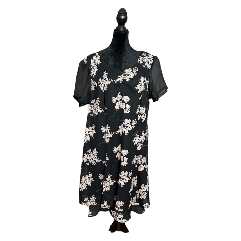 Vintage 80s De Frantoria Floral Sheer Sleeve Midi Dress Slip Sz 16